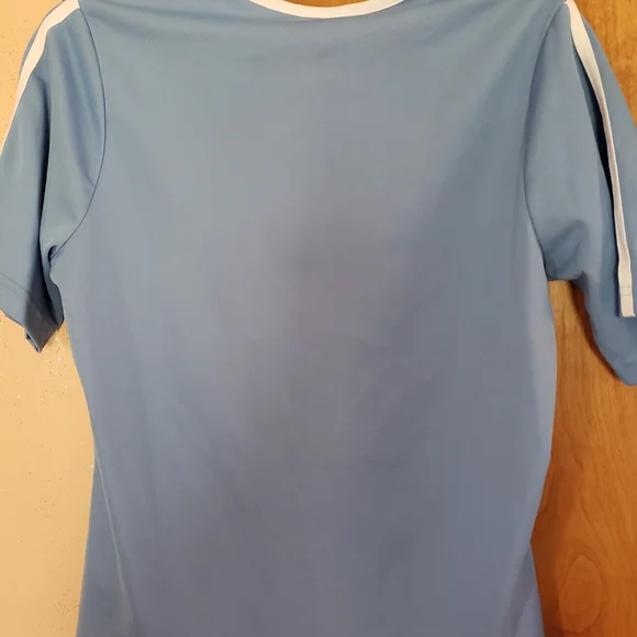 Nike Light Blue Short Sleeve Athletic Top with White Stripe On Sleeves - Picture 3 of 5